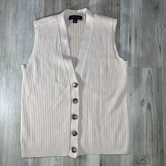 Ann Taylor Ribbed Ivory Vest Pretty Clean Girl Aesthetic Cardigan Size Medium - Picture 2 of 7